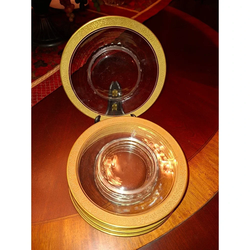 Set of 6 Vintage Tiffin Gold‎ Encrusted Rim Clear Glass Salad Plates 8 1/2 